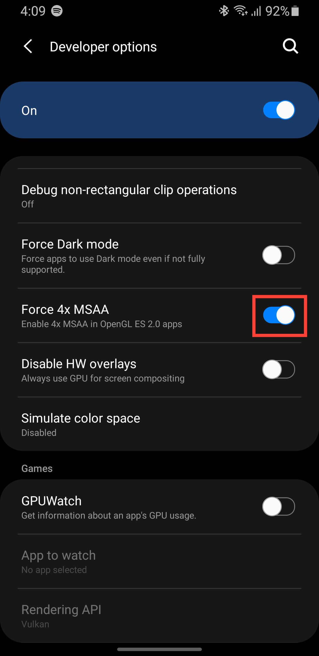 Android Geliştirici Seçenekleri 4x MSAA Ayarı