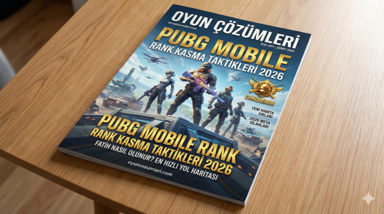 PUBG Mobile Rank Kasma için oluşturulmuş dergi kapağında alakalı görsel ile masanın üzerinde